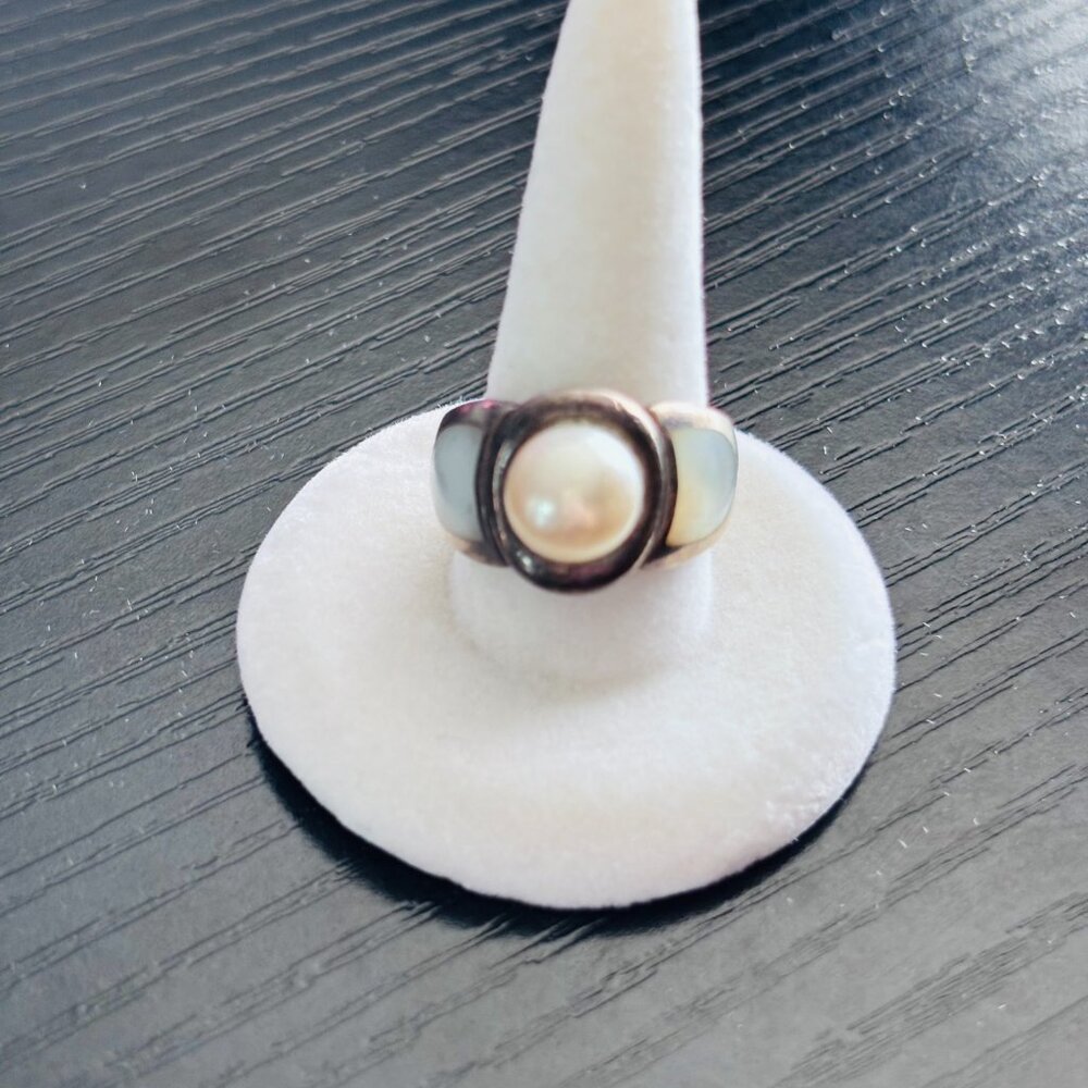 VINTAGE Sterling Silver Pearl Statement Ring 925 Signed